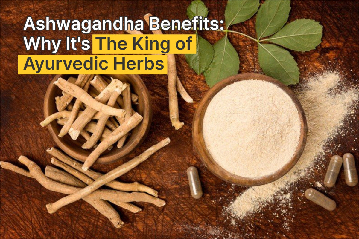 Ashwagandha Benefits with visual representation of its powder and leaves 