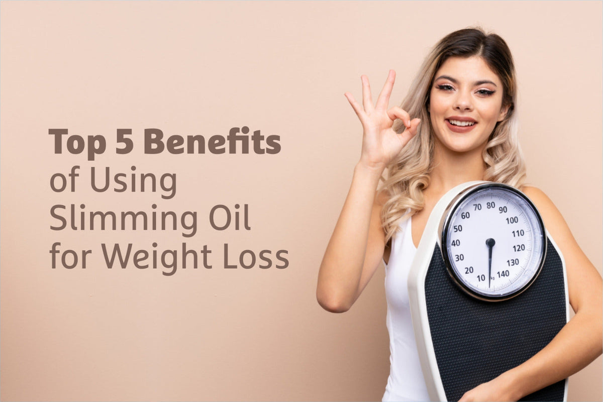 A girl is handling a weighing machine and showing the 5 benefits of using RSO plus rare slimming oil 